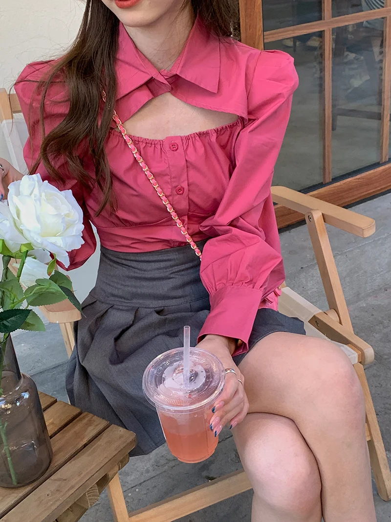 Женская рубашка с открытым воротником однобортная приталенная длинным рукавом