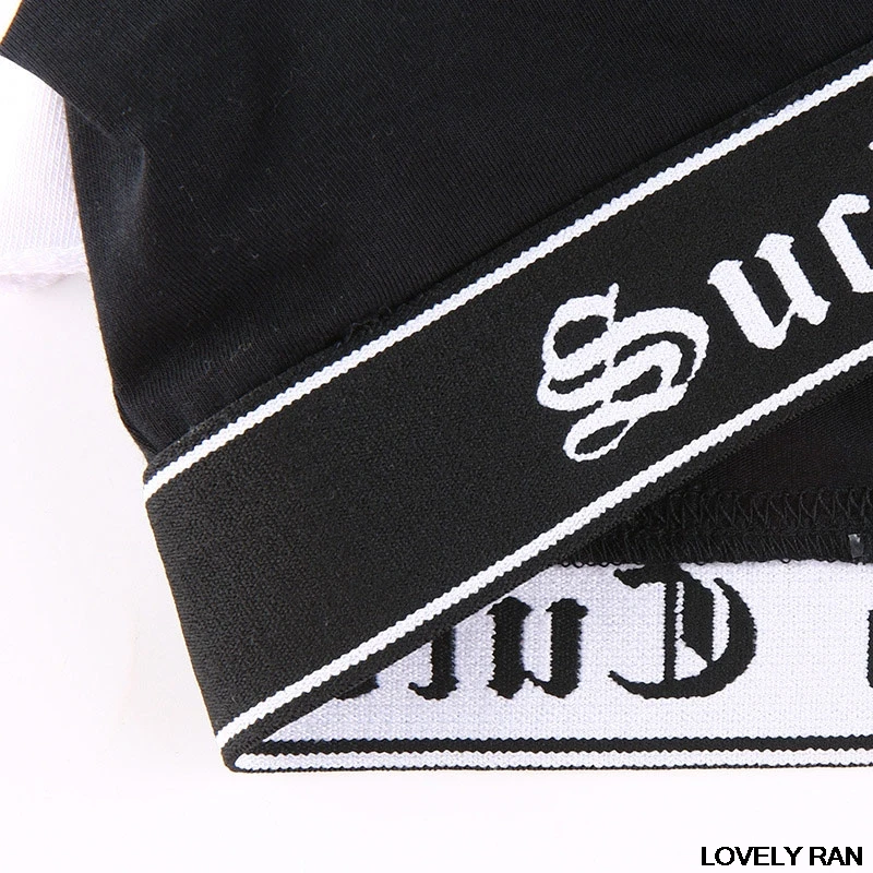

Printed Letter Crop Tops Women Two Piece Suit Long-sleeved Sweatshirt Black Vest Set Female 2021 Summer Girls Causal Korean Top