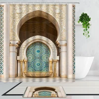 morocco arched door shower curtains classical yellow retro architectural landscape bathroom curtain set non slip bath mat carpet