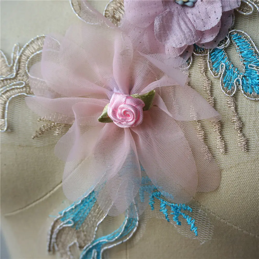 Розовая синяя 3D Цветочная кружевная ткань с пайетками вышитая одежда аппликация