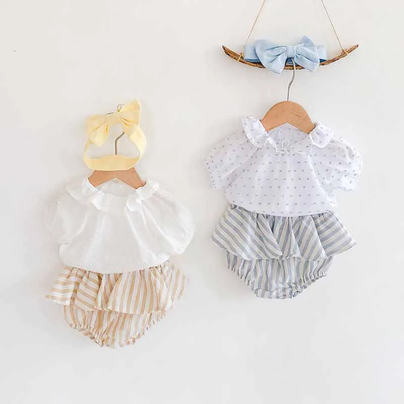 

Summer Baby Newborn Clothes Girls Baby Clothing Lotus leaf collar top + striped skirt pants + hair band Outfits Set 3PCS