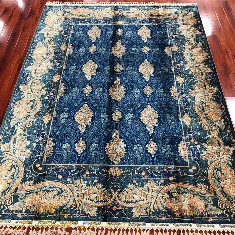 Koop 8.2 'X 11.48' Blauw Strip Bloemen Tapijt Voor Woonkamer Zijden Kleed Dikke Tapijten Slaapkamer Decor Karpetten Anti-Slip Floor Mat