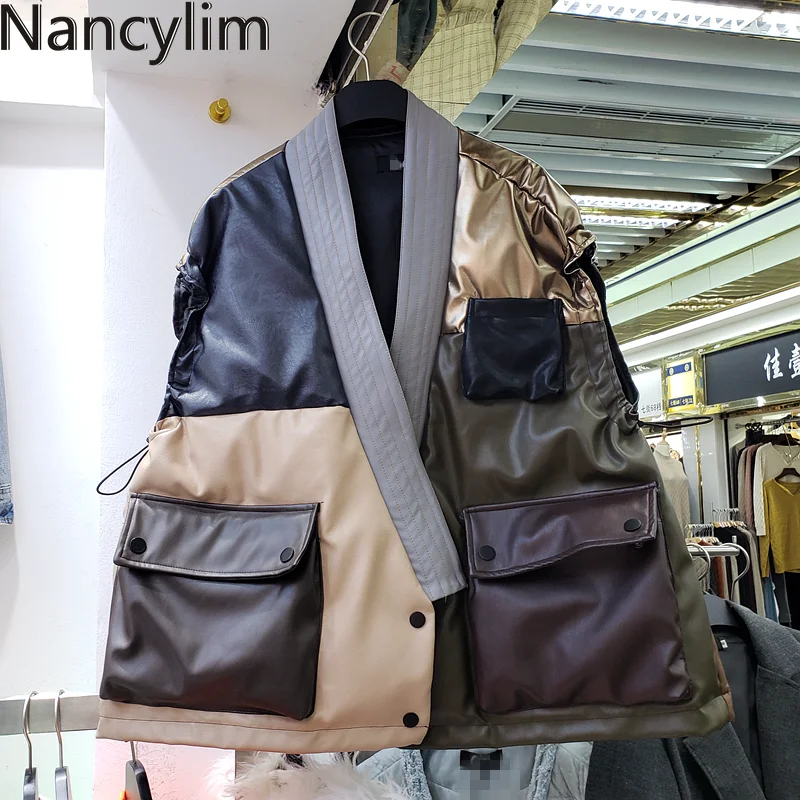 Женский кожаный жилет зима 2019 новый цвет контрастный с большим карманом белый