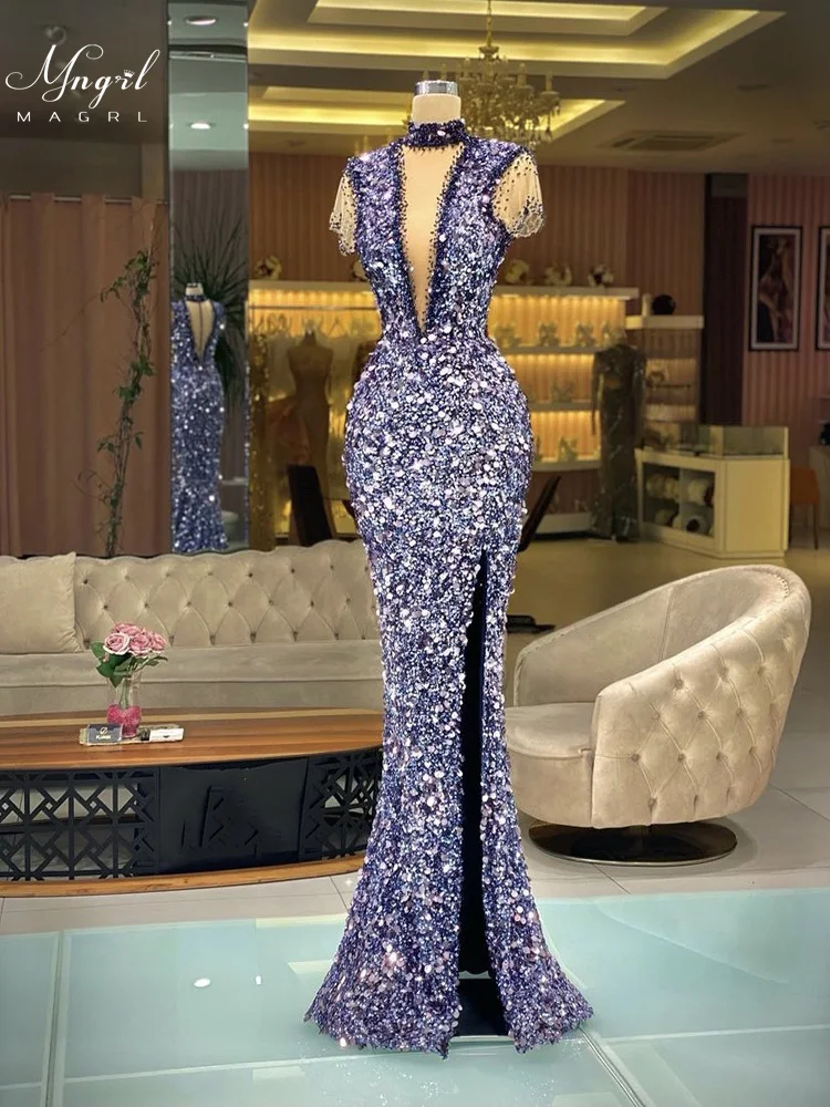 

MNGRL Luxury Evening Dress One-shoulder Long Sleeves Hand-applied Diamonds Glittering 2021 New Evening Dress Party Dress