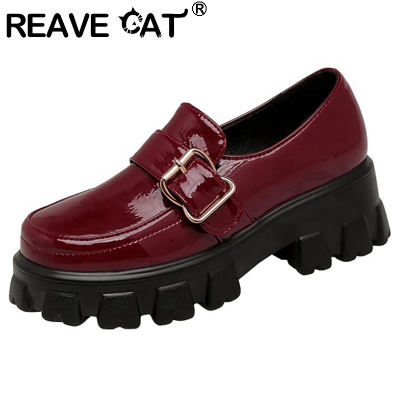

REAVE CAT New 2021 Women Pumps Round Toe 6cm Block Heels Lace-Up Patent Leather Buckle Stylish Size 43 Casual Date Summer A3390