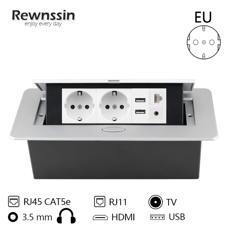 

Rewnssin Double EU USB Ports Power Socket,With RJ45 HDMI Data USB Headset,Desktop Slow Pop-up Outlet,Benchtop Recessed Socket