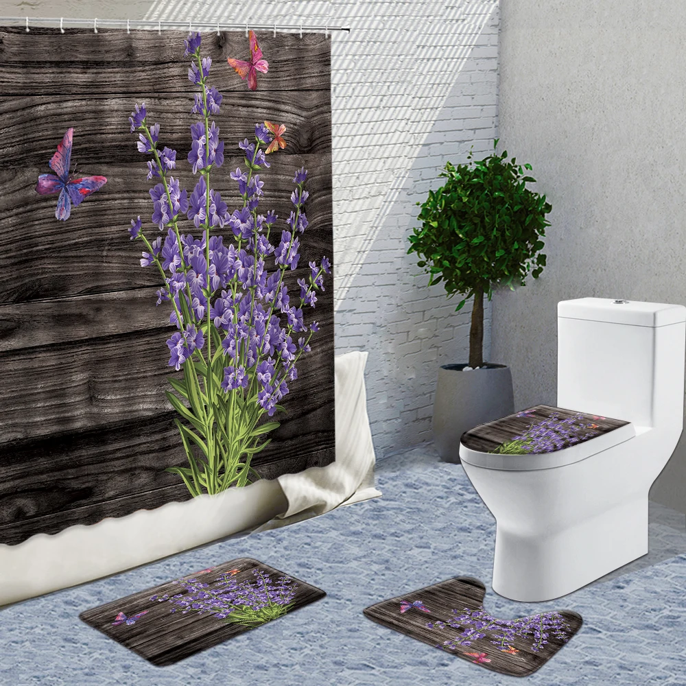 

Sunflower Flower Wall Brick Pattern Background Shower Curtain 4pcs Sets Plank Plant Flower Printing Bath Mats Rugs Toilet Carpet