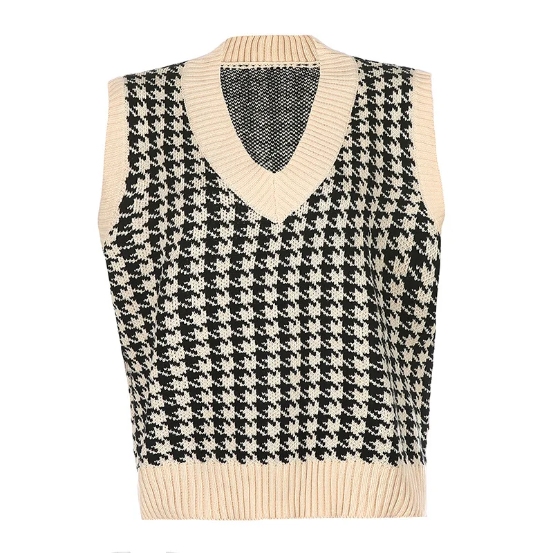 

Y2k Sweater Vest Women 2020 Fashion Knitted Sweater Loose Vintage Houndstooth Patchwork Waistcoat Chic Oversize Tops Outfit