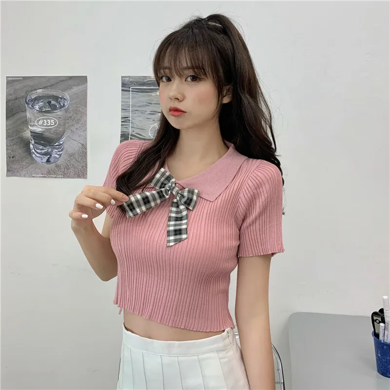 

Pink Crop Top Women Summer 2021 Korean Style Streetwear Cute Plaid Bow Turn Down Collar Short Sleeve Bodycon Knit T-shirt T692