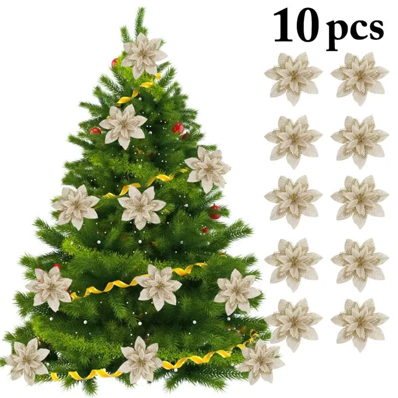 10 шт. искусственные цветы для украшения блестки Poinsettia поддельные цветы DIY домашние свадебные декорации цветок голова Рождество