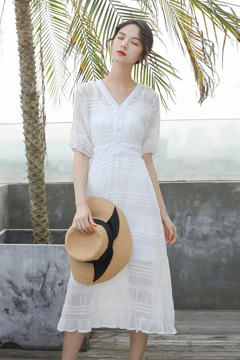 Летнее осеннее белое платье Элегантное шифоновое мягкое облегающее до середины