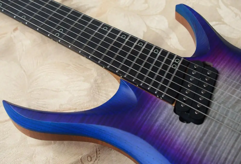 Fanned Лады 7 струн безголовая электрическая гитара фиолетовый цвет взрыв 5 слойная