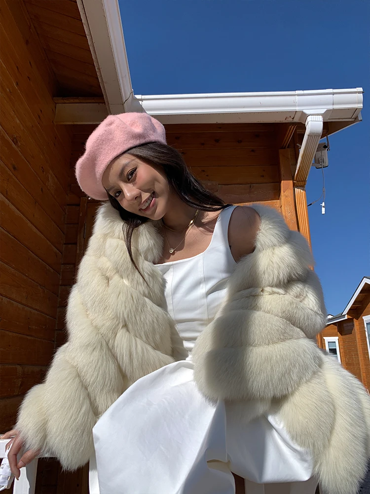 Women Winter Real Fur Coat Natural Whole Skin Genuine Fox Fur Coats Medium Length V-neck Thick Warm Fur Overcoat Trendy Female