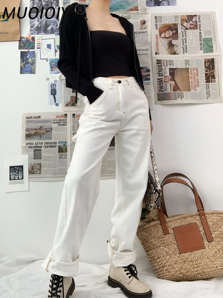 

Женские джинсовые брюки Bella Хадид, белые, черные, синие джинсовые брюки с высокой талией, свободные прямые модные дизайнерские брюки