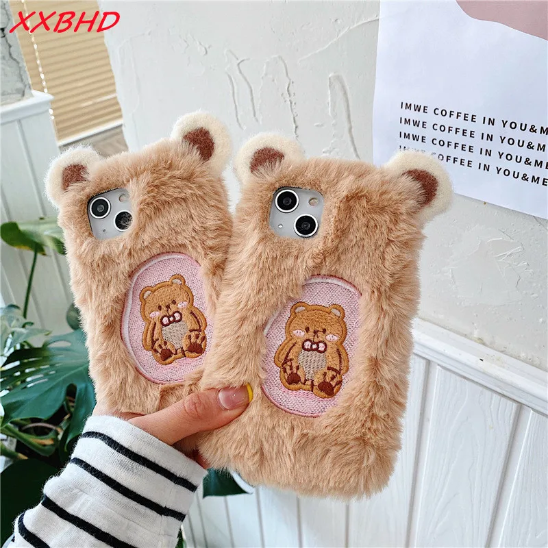 

For iphone 11 12 13 Pro Max XR Xs Max 7 8 Plus Phone Case Plush Embroidered Cartoon Cute Little Bear Full Edging Anti-Fall Cover