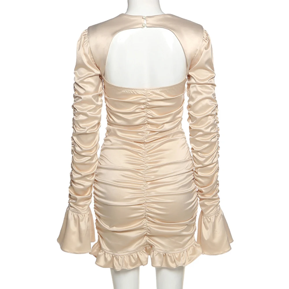 

Missnight Satin Dress Flare Long Sleeve Ruched Bodycon Dress Hollow Pleated Dresses Ladies Vestidos O Neck Mini Dress Streetwear