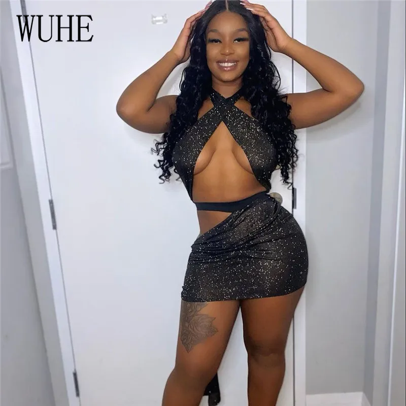 

YEYA Sparkling Sequins Two Piece Off Shoulder Halter Sleeveless Top and Hollow Out Bandage Mini Skirts Nightclub Party Wear