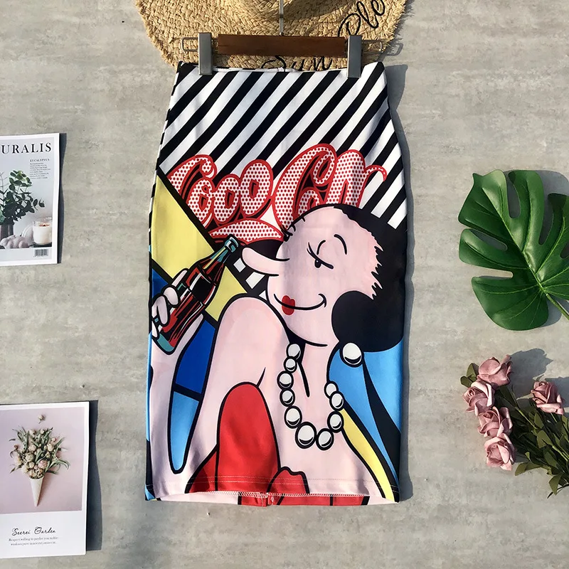

woman skirts 2021 spring summer korean style vintage kawaii cartoon print midi high waist plus size floral pencil wrap skirt