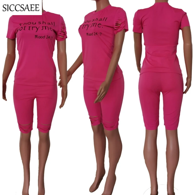

Letter Offset Printing Two Piece Set Hole Burn Out Sexy Casual Sweat Suit 2020 Summer Style Plus Size Clothing Knee Length Pants