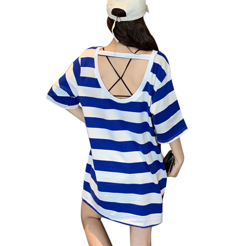 2019 летнее платье женское модное свободное пляжное в полоску с коротким рукавом и