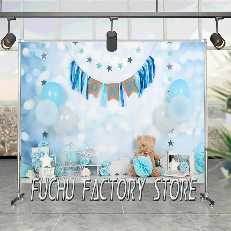 

1st Birthday Background For Photography Blue Balloons Newborn Baby Photographic Studio Photo Backdrop Bear Stars Decor Props
