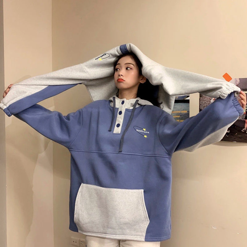 

large size all-match blouse women stitching ladies clothes Winter thick hoodie Korean loose sweatshirt new button jacket