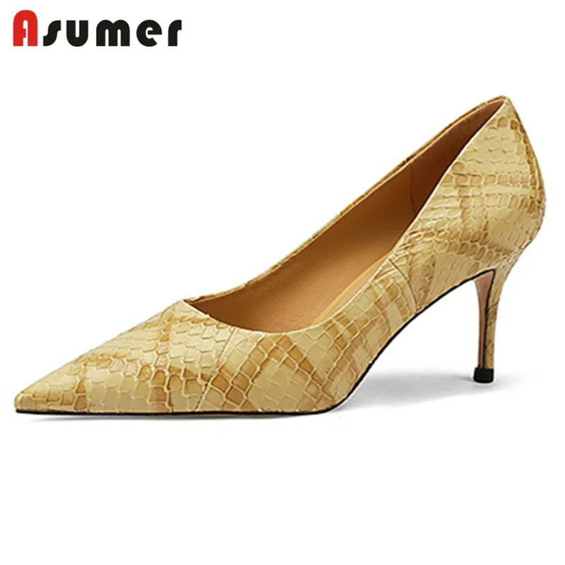

Туфли-лодочки ASUMER женские из натуральной кожи, заостренный носок, без застежки, пикантная вечерняя Обувь на тонком высоком каблуке, змеиная кожа, 2022