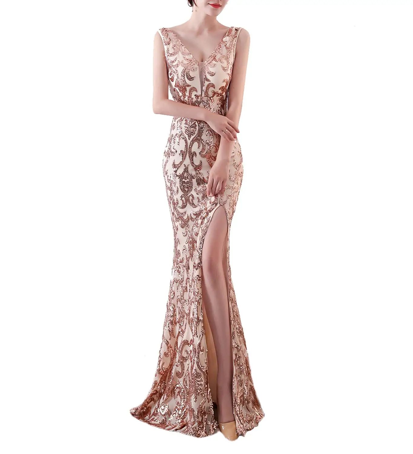 Женское вечернее платье с блестками V образным вырезом и рукавами|Вечерние