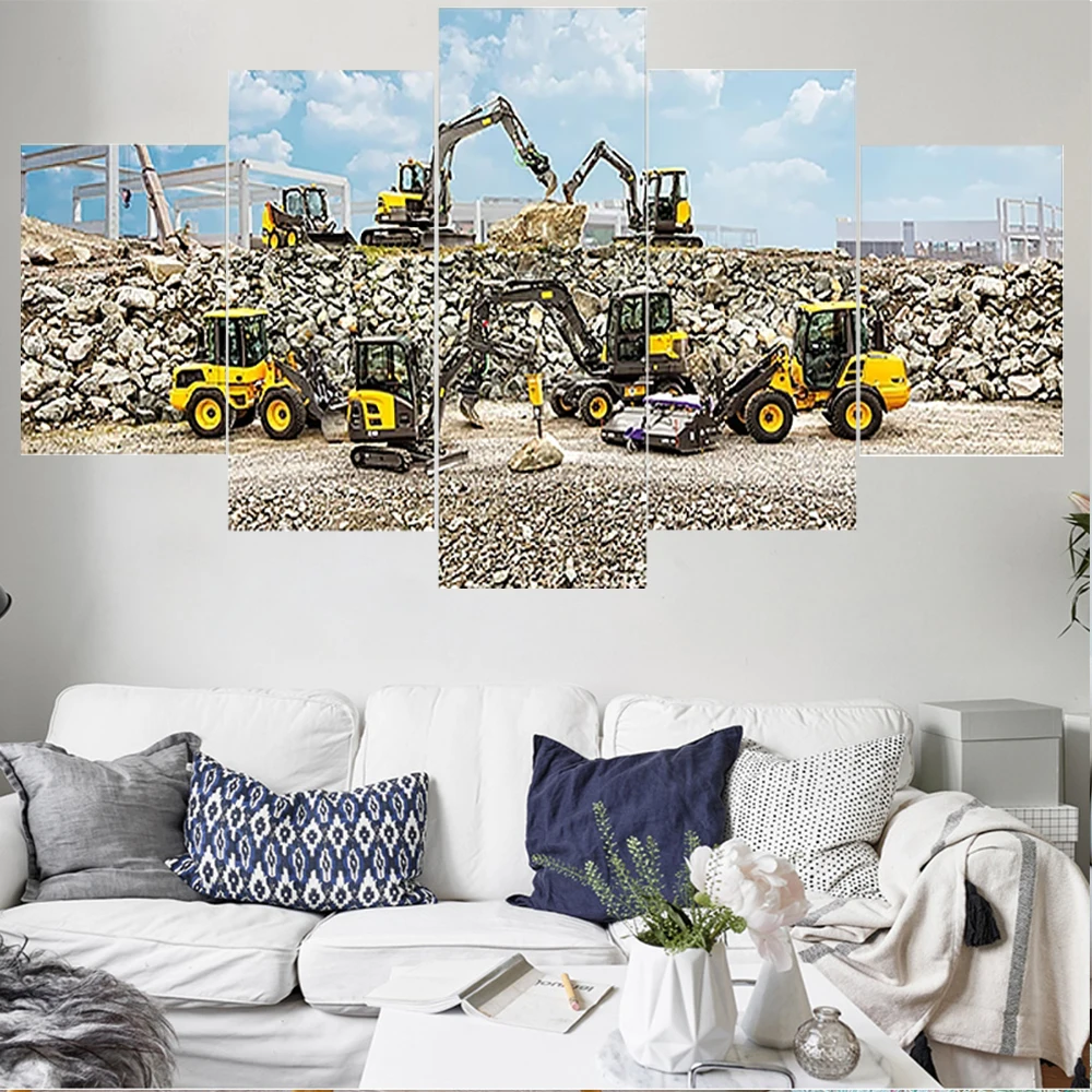 

5 Pieces Wall Art Canvas Painting Excavator Car Landscape Poster Modern Home Decoration Modular Living Room Free Shipping