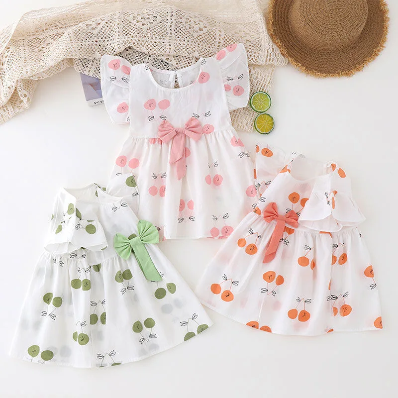 Summer New Baby Girl Dresses Cute Newborn Clothes Cartoon Print Bow Ruffle Sleeve Princess Dress 0-3 Years Infant Costume