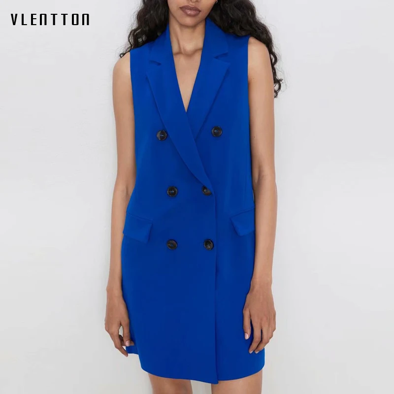 Женский элегантный Длинный блейзер синий офисный жилет без рукавов с v образным