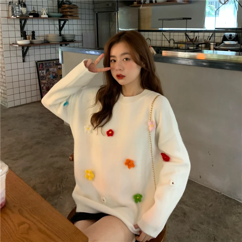 Woherb Женский вязаный свитер и пуловеры корейский кавайный Милый джемпер с цветочной вышивкой зима осень Новые Топы Pull Femme