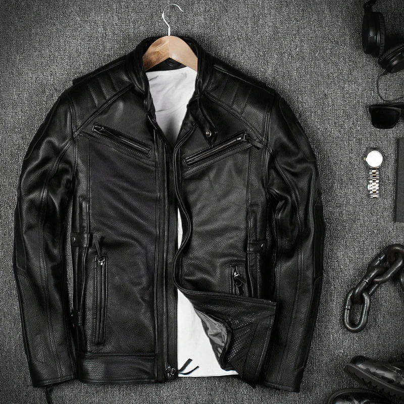 

Men's Genuine Leather Jackets Stand Collar Overcoat Slim Skull Pattern Motorcycle Jacket Biker Jacket Mens Thick Warm Coat 3XL