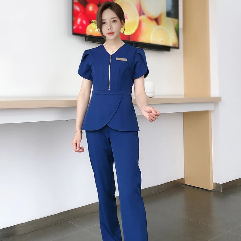 Женская рабочая форма для салона красоты однотонный костюм с V-образным вырезом