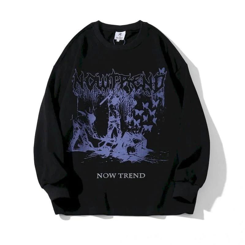 

Long-sleeved T-shirt high street dark funeral print Korean men women loose Harajuku all-match tops Cool streetwear goth tops