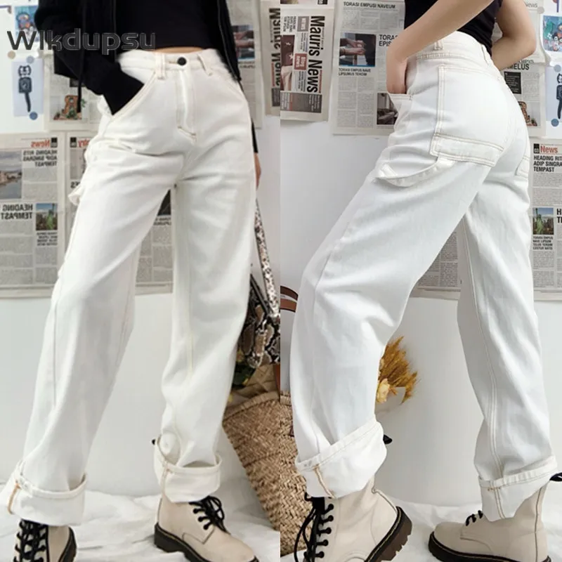 

Bella Hadid Style Fashion Clothes White Black Blue Denim Trousers Women High Waist Jeans Loose Straight Fashion Designer Pants