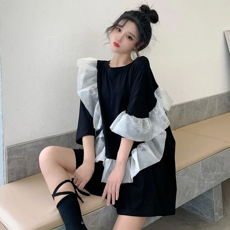 

Mesh Ruffled Short-sleeved T-shirt Women 2021 New Summer Design Sense Niche Chic Striped Loose Top Kawaii Clothes