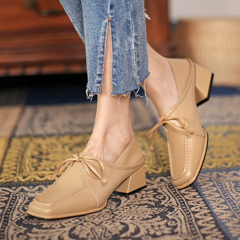

QZYERAI Brand New Style European Women Fashion Square Head Women's Shoes Leather Cowhide Leisure Shoes Oxford Shoes