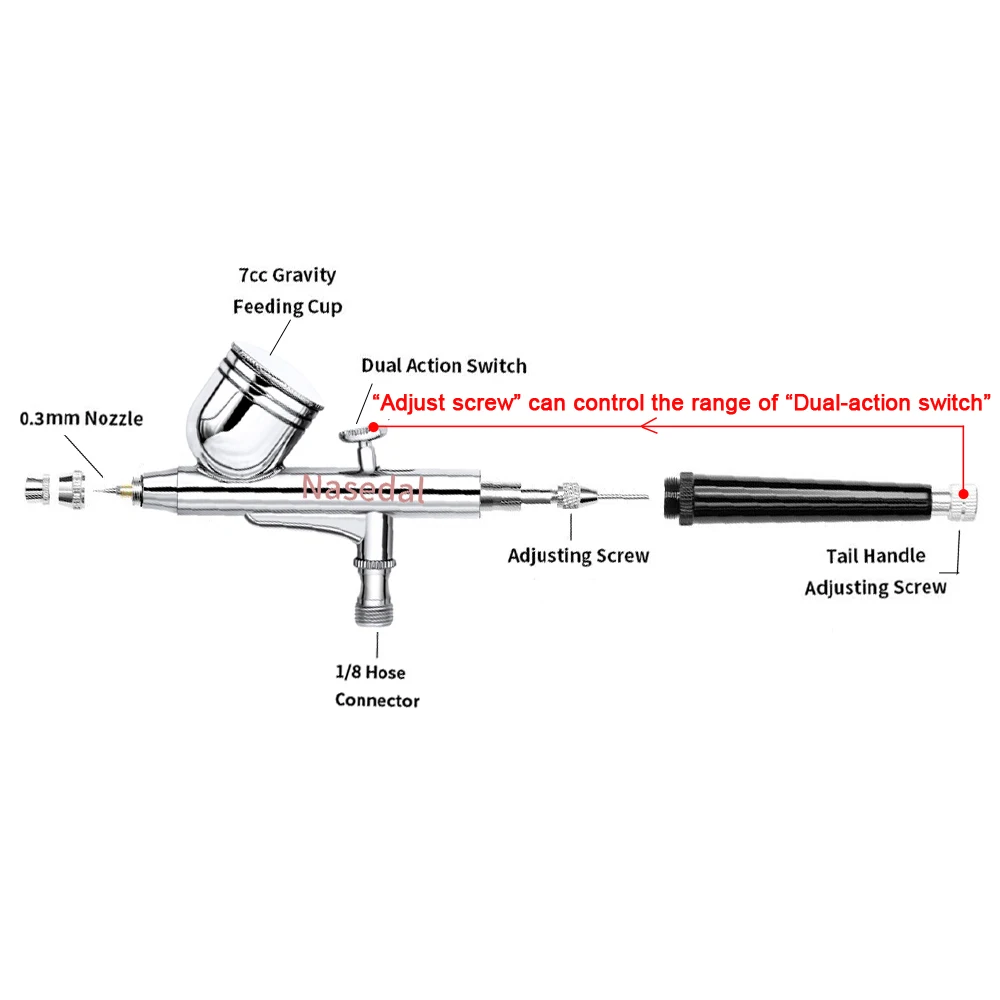 Nasedal Dual-Action Airbrush Compressor Kit 0.3mm Air brush Spary Gun for Cake Decoration Nail Art Model Car Painting Spray Tool