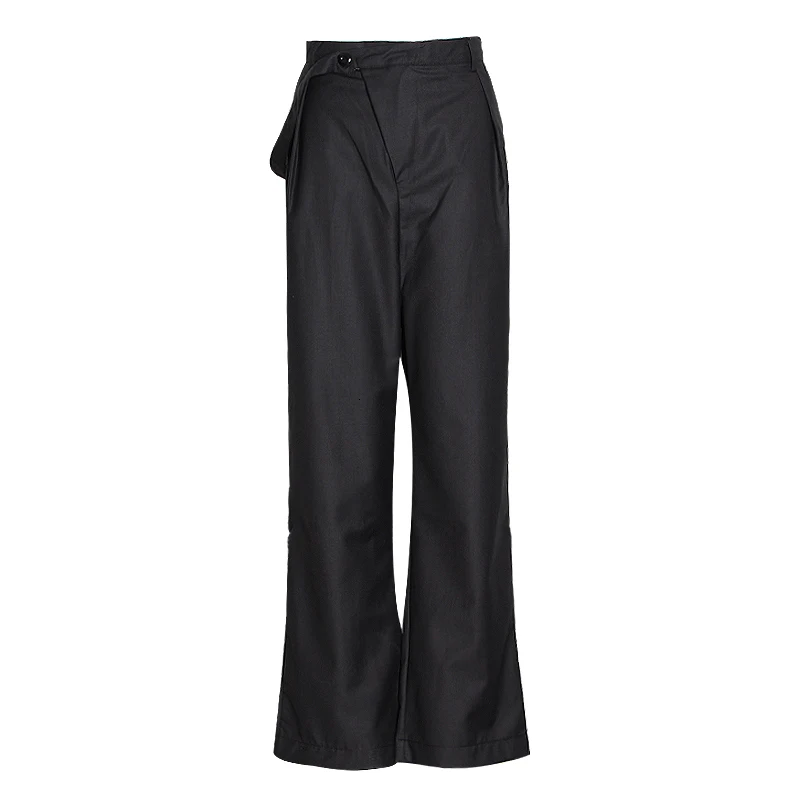 CHICEVER Summer Elegant Solid Women Pant High Waist Irregular Button Fly Pockets Pleated Slim Regular Female Straight Pants - Цвет: black