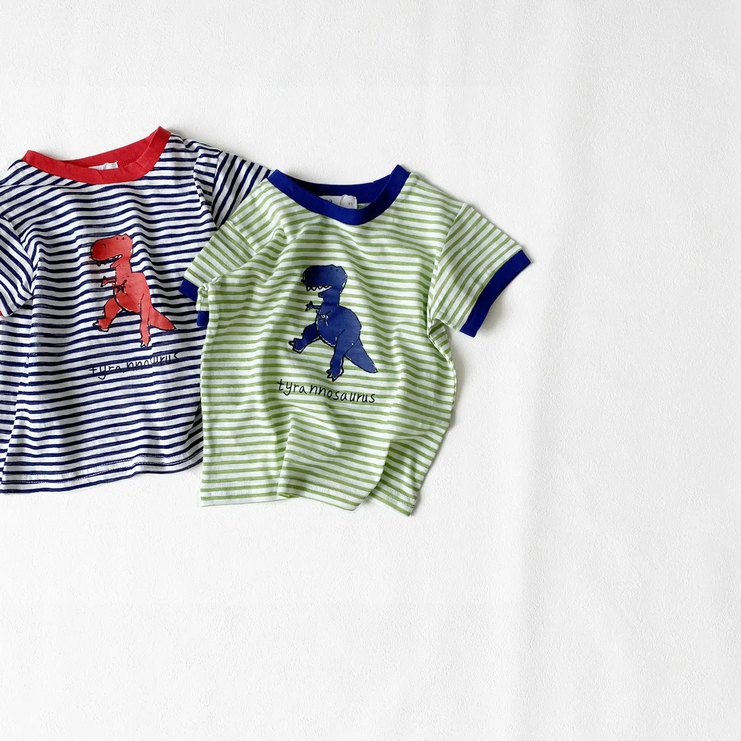 

Новинка лета 2021, Детская Хлопковая футболка, вязаная полосатая футболка для маленьких девочек и мальчиков с принтом динозавра, Повседневна...