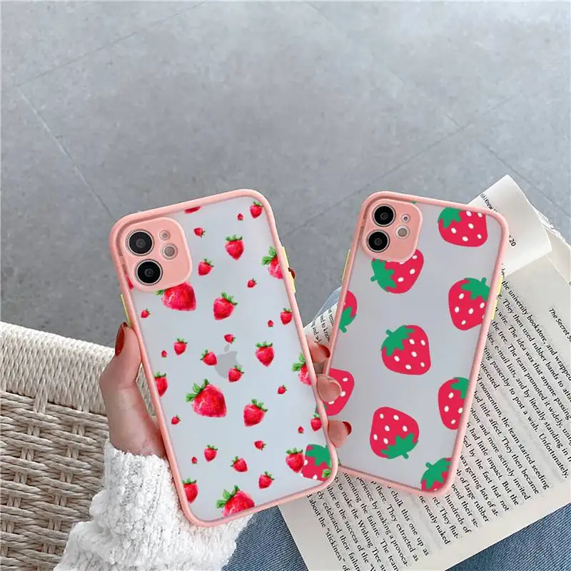 

strawberry Phone Case For iPhone 12 11 Mini Pro XR XS Max 7 8 Plus X Matte transparent Pink Back Cover