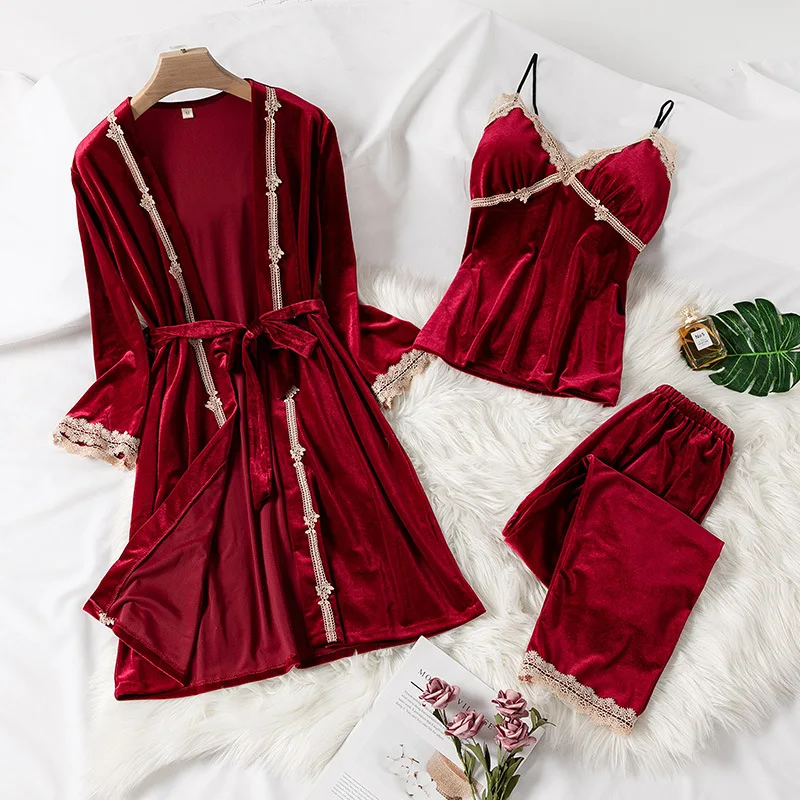 Пижамный комплект Женский из 3 предметов мягкая велюровая ночная рубашка кимоно