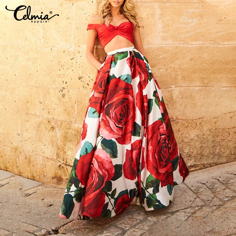 

Women Maxi Skirts 2022 Celmia Bohemian Flower Printed Long Skirt Fashion High Waist Skirt Casual Loose Party Beach Bottoms