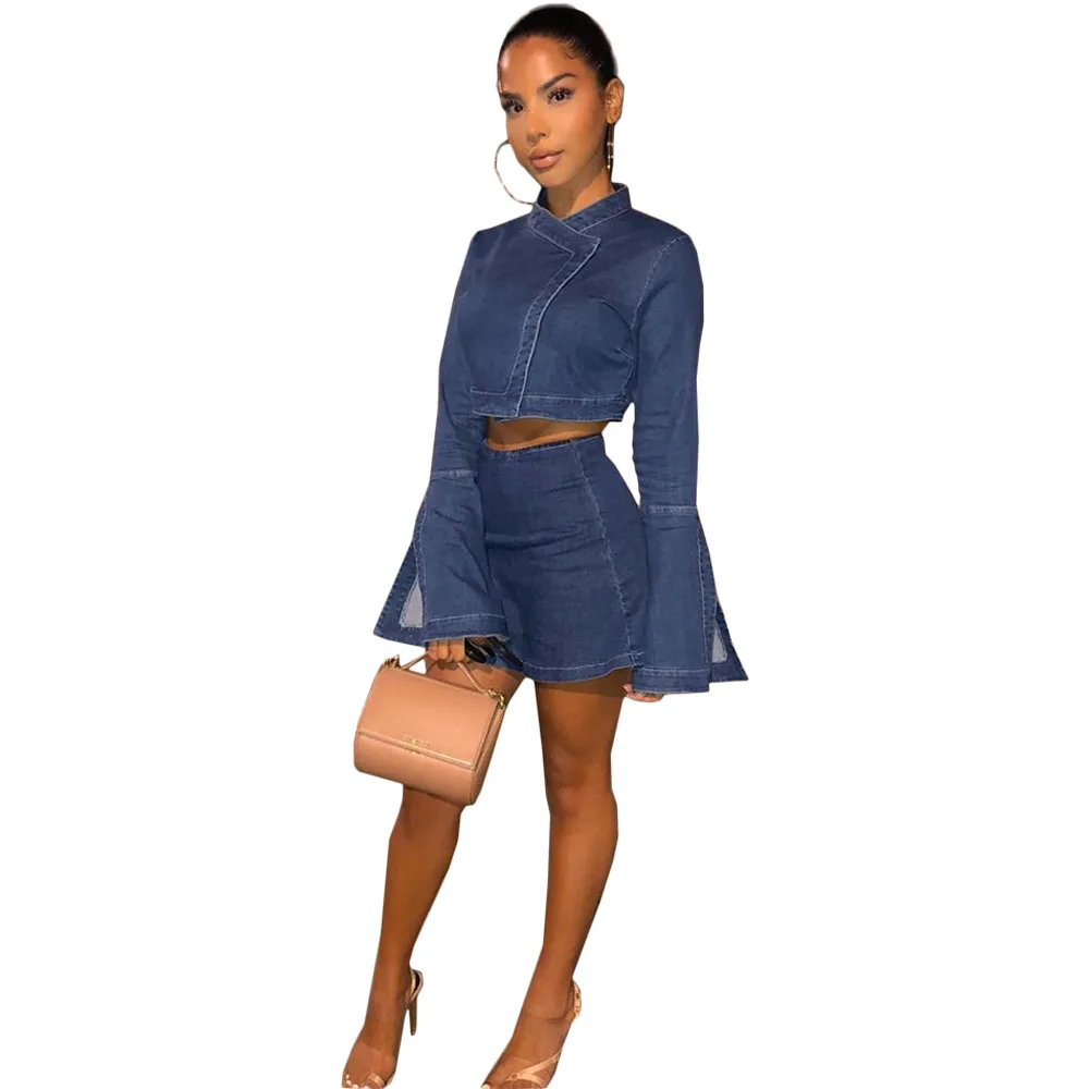 Женский джинсовый комплект из 2 предметов модный короткий топ и юбка с круглым