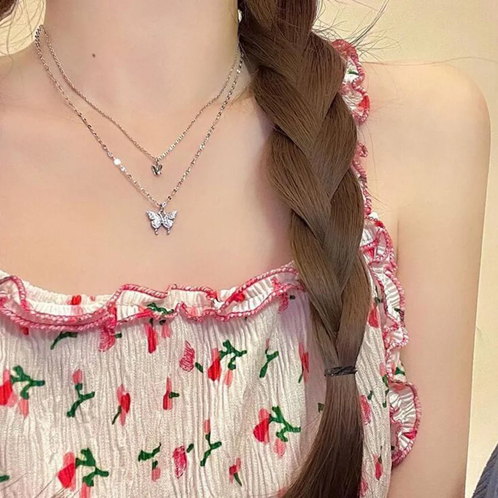 

Women Silver Color Shiny Butterfly Necklace Female Double Layer Pendant Choker Chain Necklace Wedding Party Jewelry Gifts