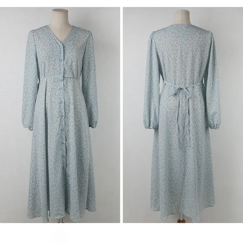 

ZAWAHIKI Vintage Women Dress Spring 2021 V Neck Single Breasted Lantern Sleeve Floral Chiffon Dress Slim Waist Mid-Calf Vestidos