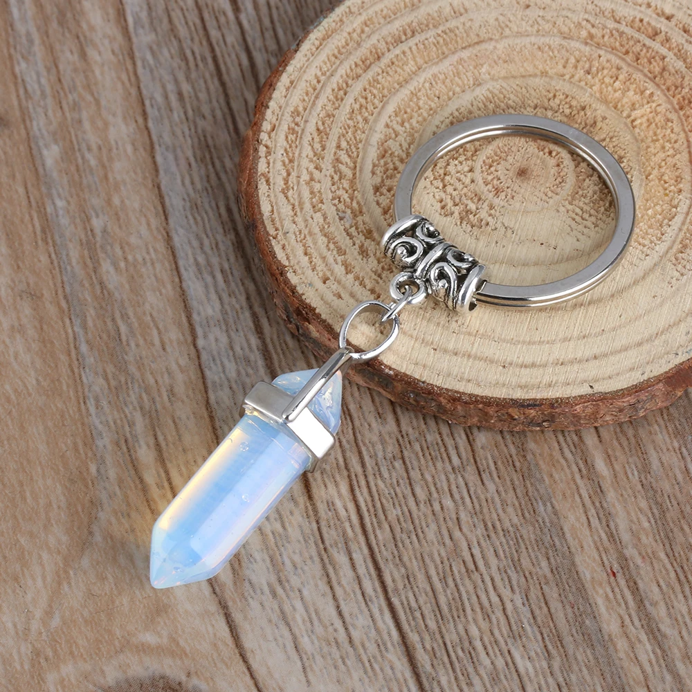 1Pcs Vintage Natural Stone Keychain Natural Quartz Stone Pendant Key Rings Pink Crystal Key Chains Fashion Bag Accessories