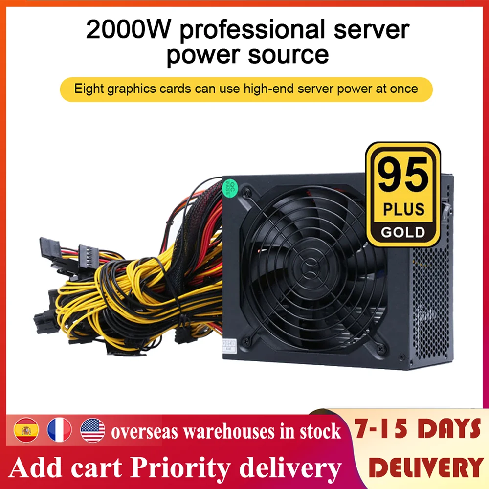 1800W Rated Miner Power Supply 95% High Efficiency AC 180-260V ATX Mining Power Source Support 8 Graphics CPU Card Max to 2000W