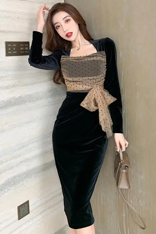 

COIGARSAM Fashion Women one-piece dress korean New French Style Square Collar Dresses Black 663